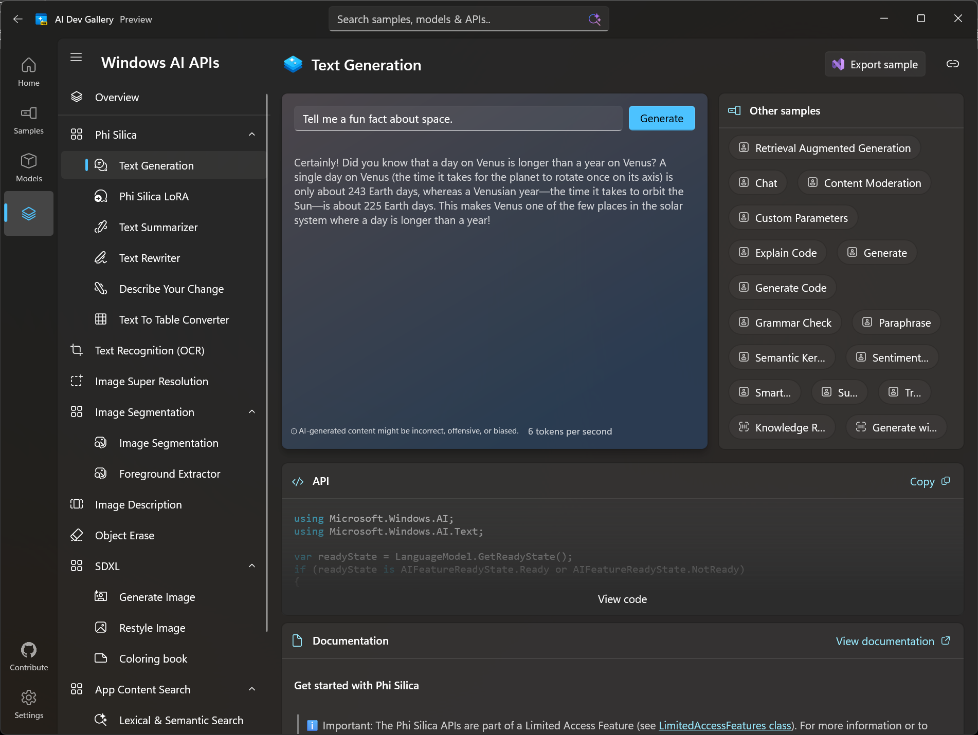 Screenshot der AI Dev Gallery-Beispiel-App mit einem einfachen Beispiel für das Feature 