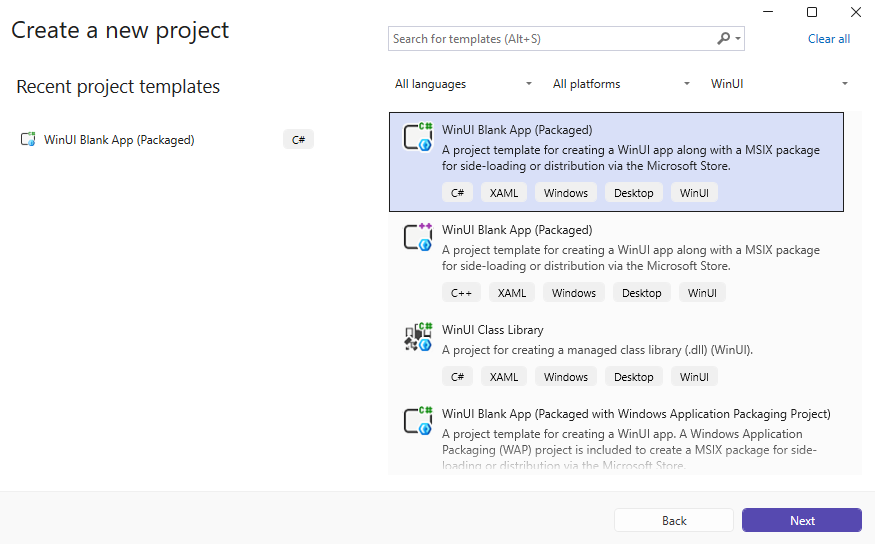 Leere, verpackte WinUI 3 C#-Desktop-App