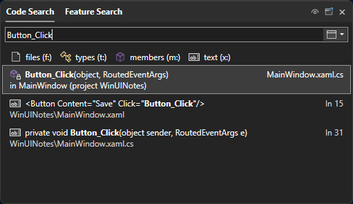 Suchfeature in Visual Studio