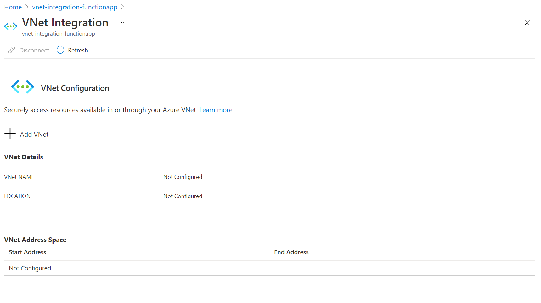 Screenshot of the virtual network integration page where you can enable virtual network integration in your app.