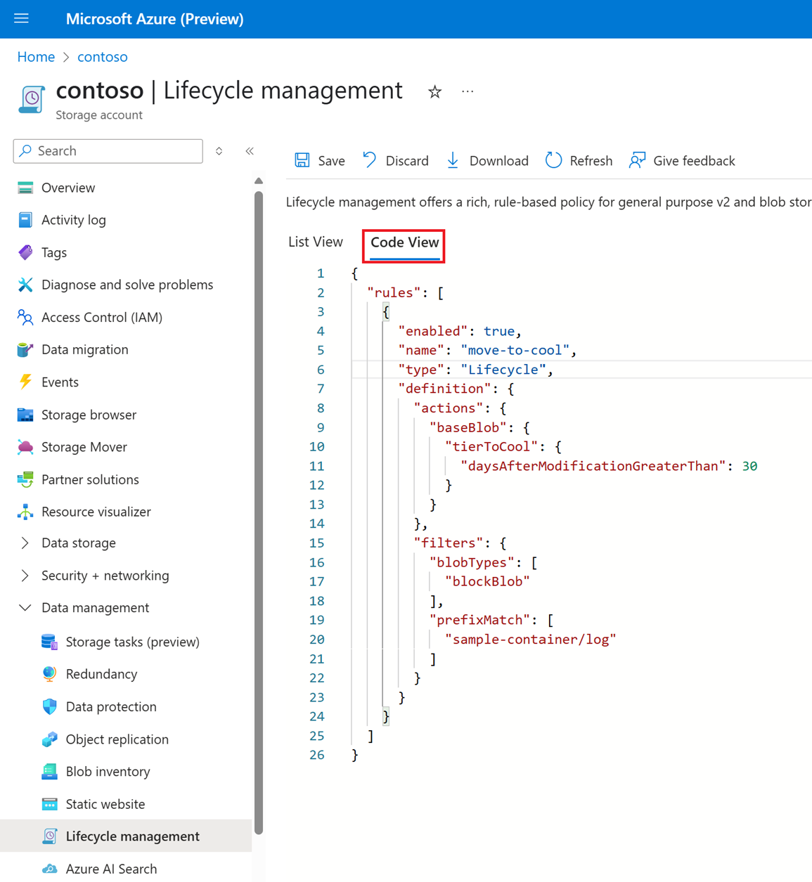 Screenshot showing JSON in the Code View tab.