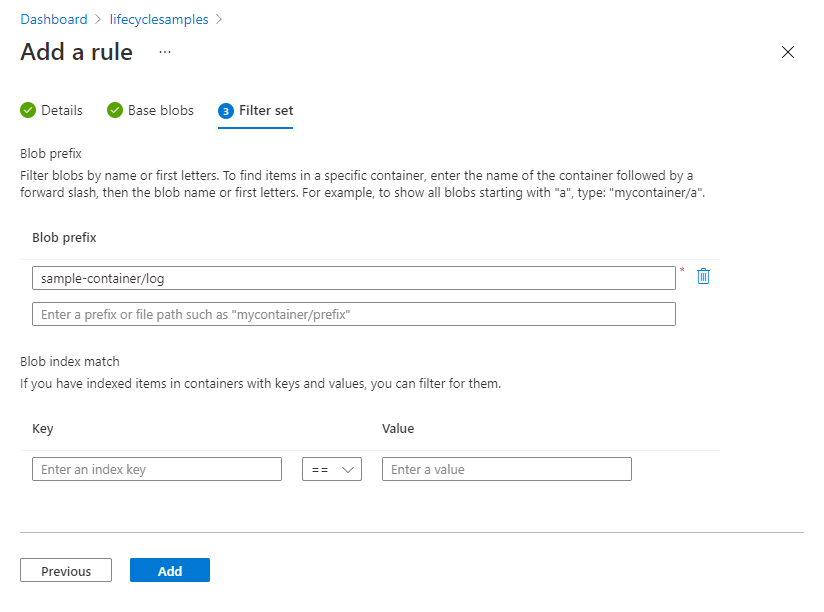Screenshot of the lifecycle management filter set page in Azure portal