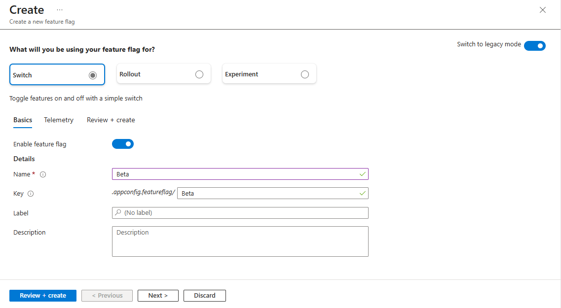 Screenshot of the Azure portal that shows the Create feature flag feature - Switch option.