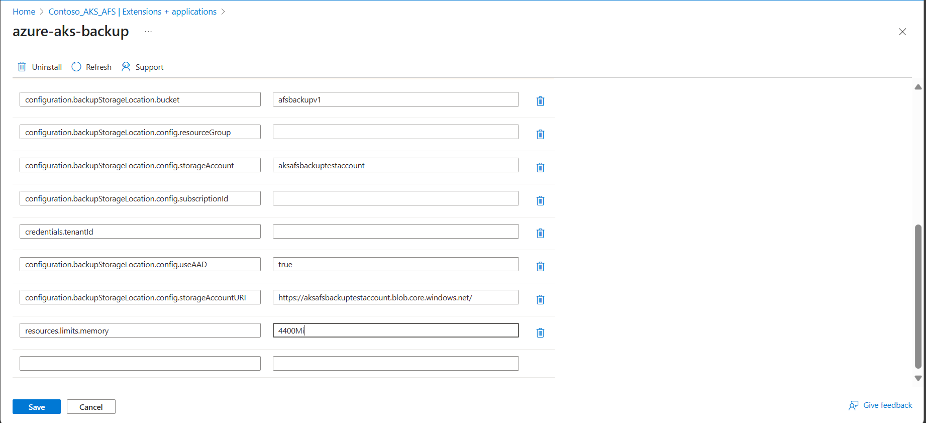 Screenshot shows how to add values under configuration settings.