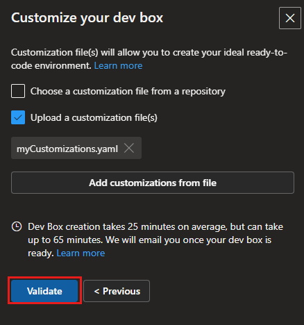 Screenshot of the Validate button in the developer portal, showing the option to validate the customization file before proceeding.