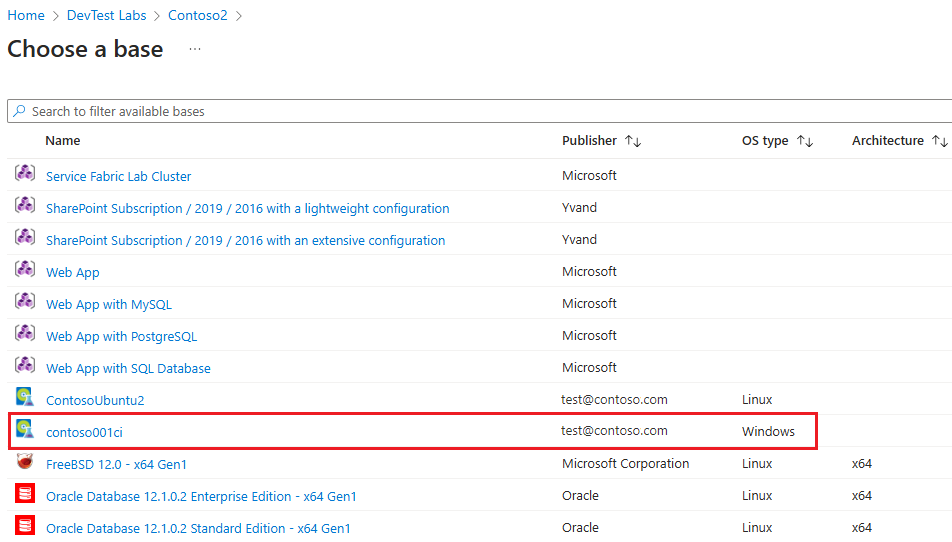 Screenshot that shows custom images available in the list of VM base images.