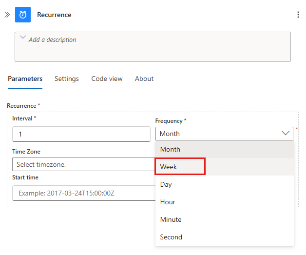 Screenshot shows the Recurrence trigger with open information pane and the Frequency list open to show available frequency options.