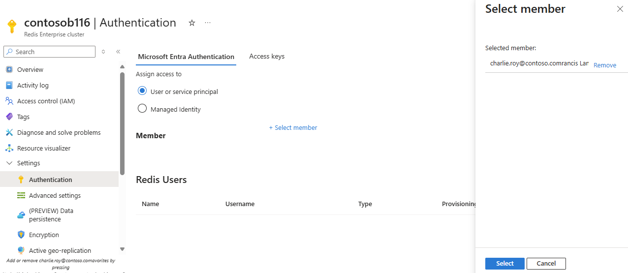 Screenshot of the authentication tab in a Redis cache on the Azure portal.