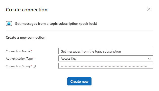 Screenshot that shows the Logic Apps Designer with the Service Bus connection string specified.