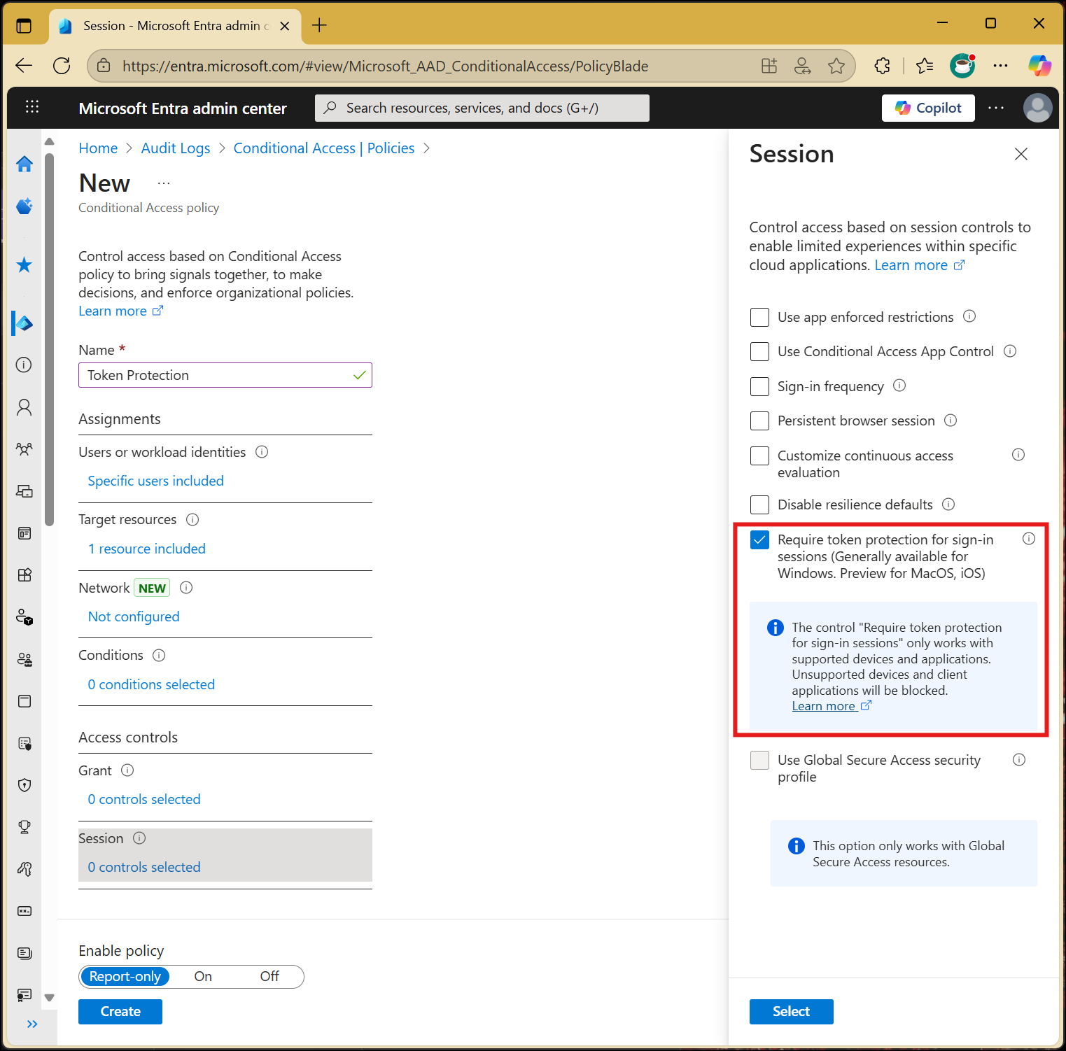 Screenshot of a Conditional Access policy that requires token protection as the session control.