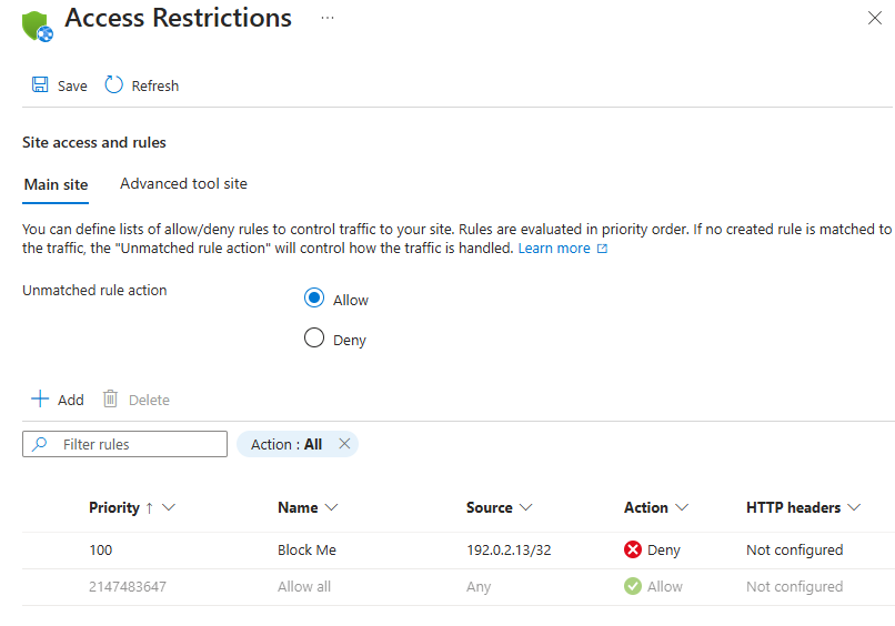 Screenshot of the Access Restrictions pane in the Azure portal, showing a single blocked IP address.