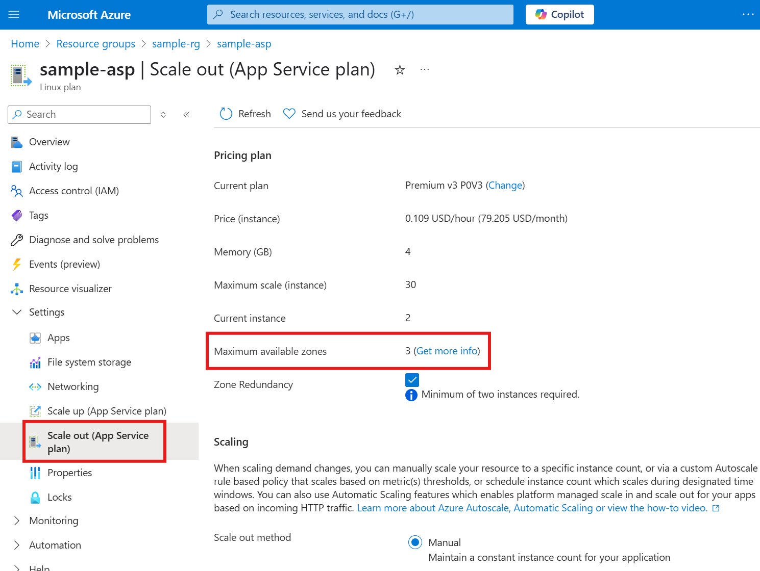 Screenshot of the maximum available zones property in the scale-out section in the Azure portal for an App Service plan.