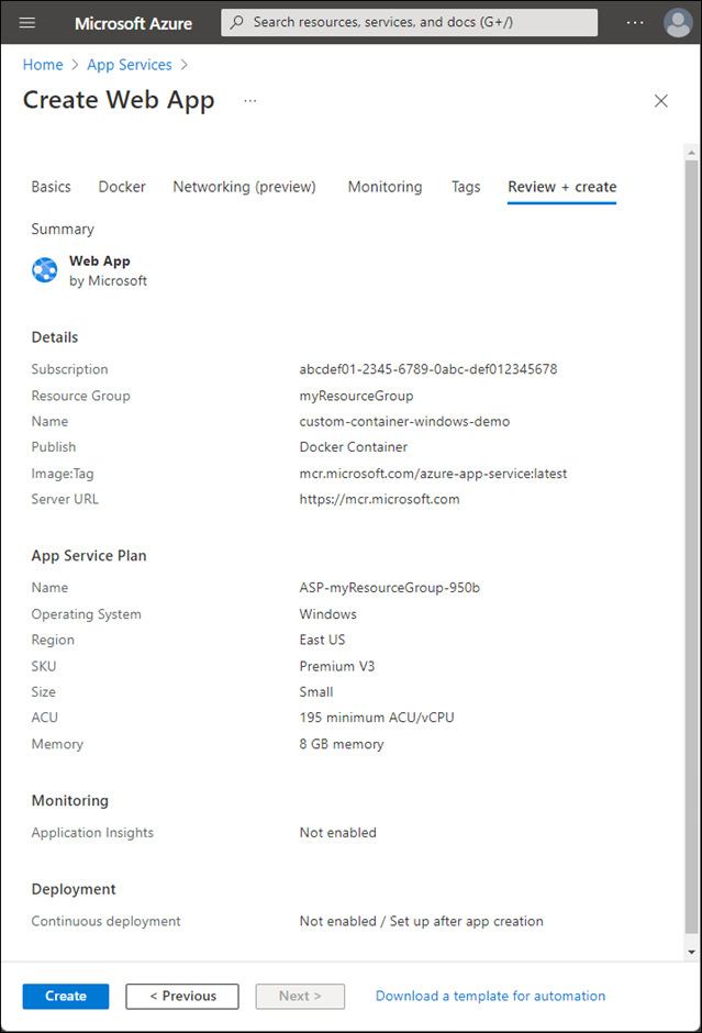 Screenshot that shows how to create your web app for containers.