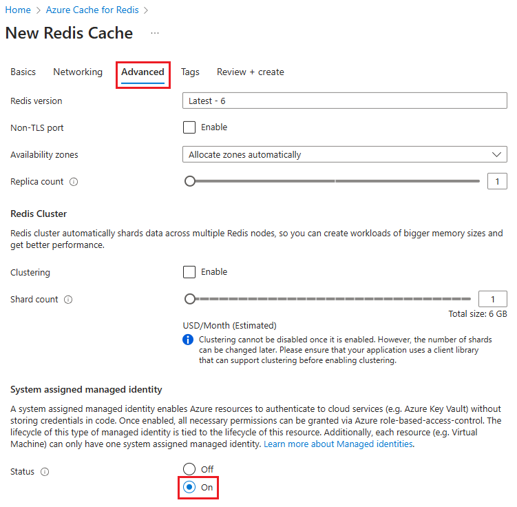 Screenshot that shows setting System assigned managed identity to On.