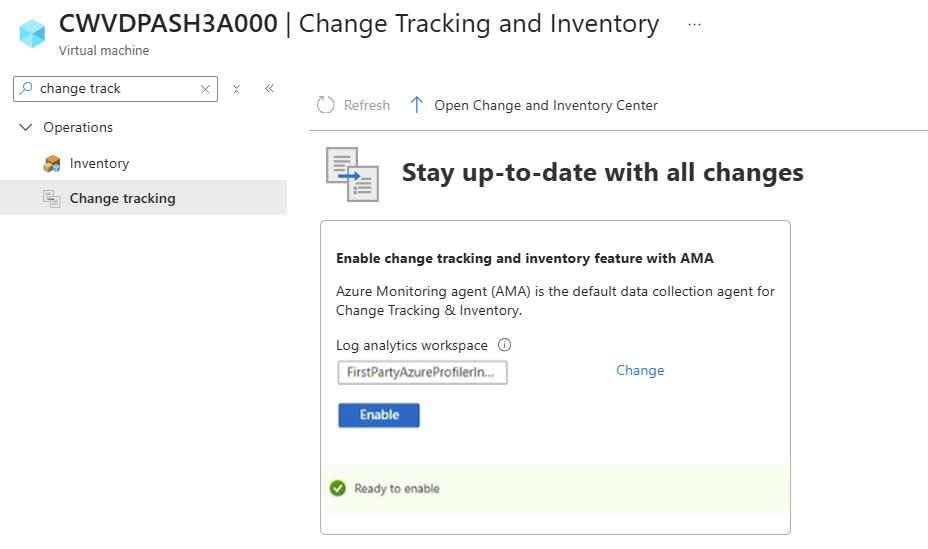 Screenshot showing to select change tracking option for a single virtual machine from the portal.