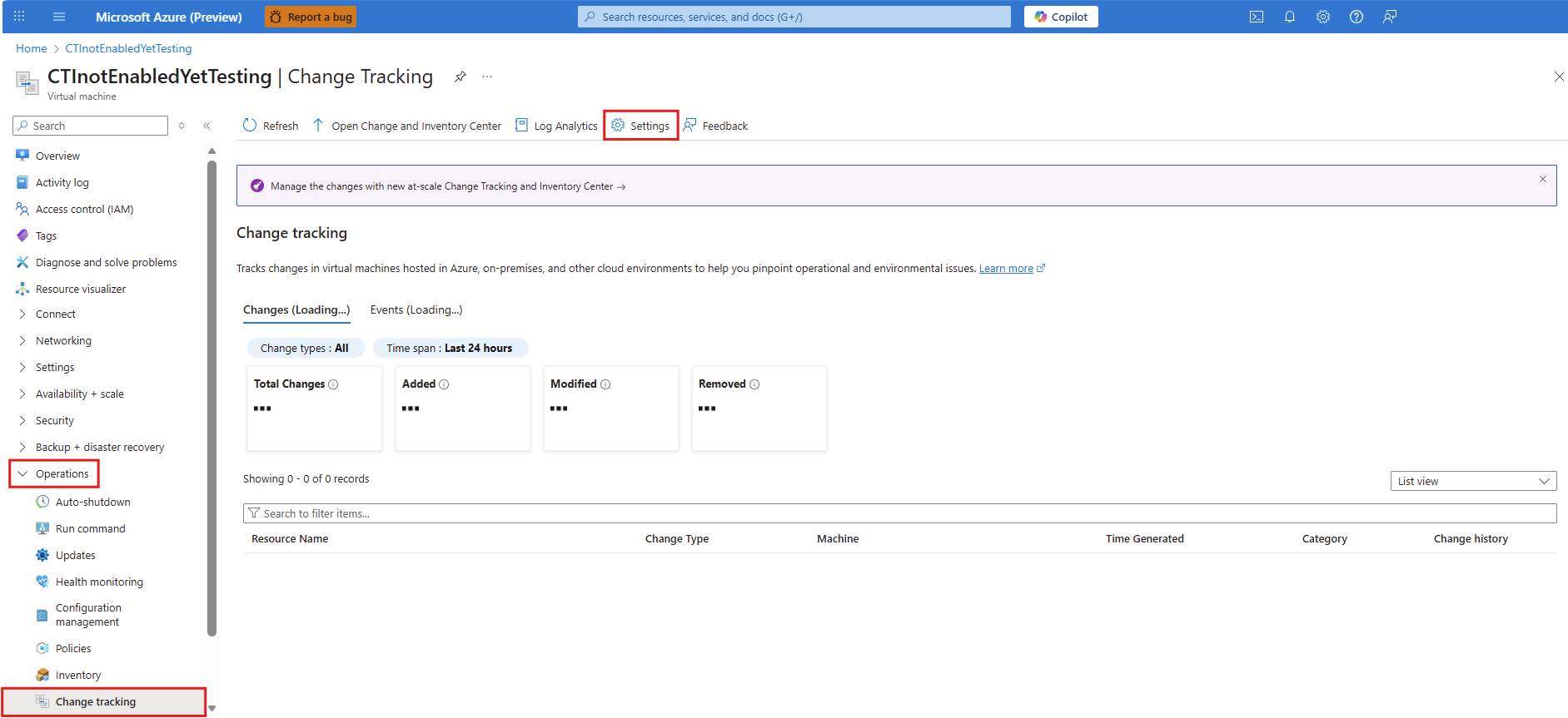Screenshot of selecting the change tracking to view the changes on the virtual machine.