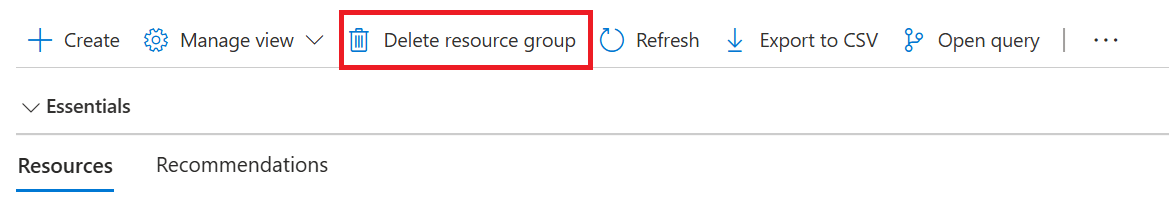 Screenshot that highlights the Delete resource group button.