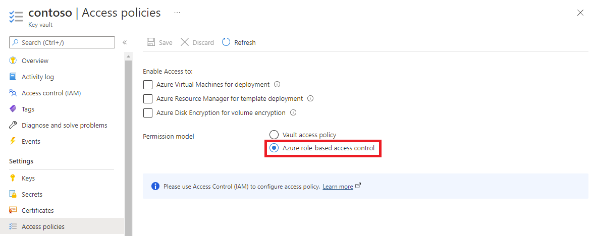 Screenshot that shows Azure role-based access control selected as the vault permission model.