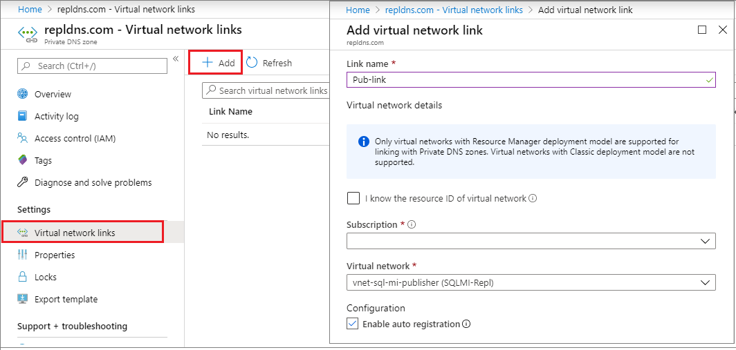 Screenshot showing how to create a VNet link.