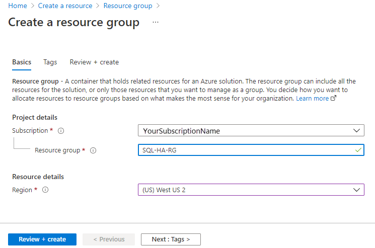 Screenshot of the create resource group pane in the Azure portal.