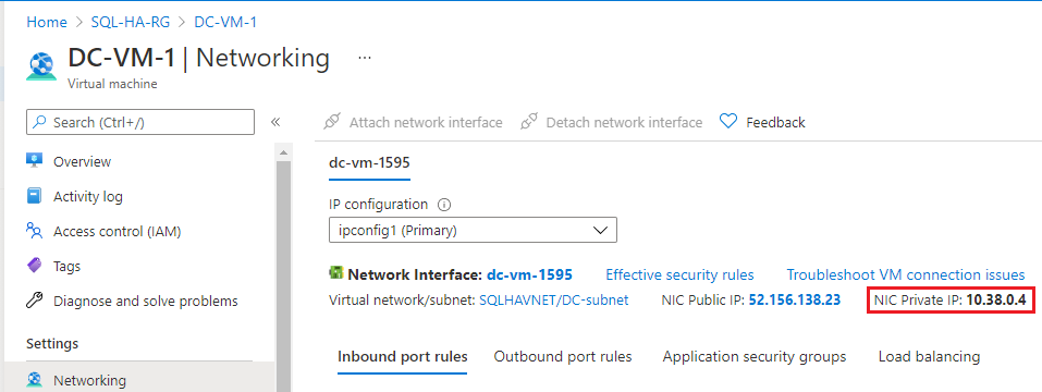 Screenshot showing the private IP address on the networking page for your VM in the Azure portal.