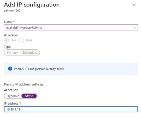 Screenshot of the Add IP configuration pane for the VM network interface in the Azure portal, adding an IP address for the listener.