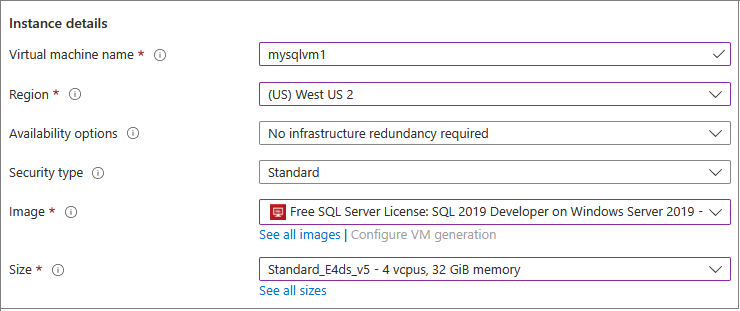 Screenshot from the Azure portal of instance details for a new SQL VM.