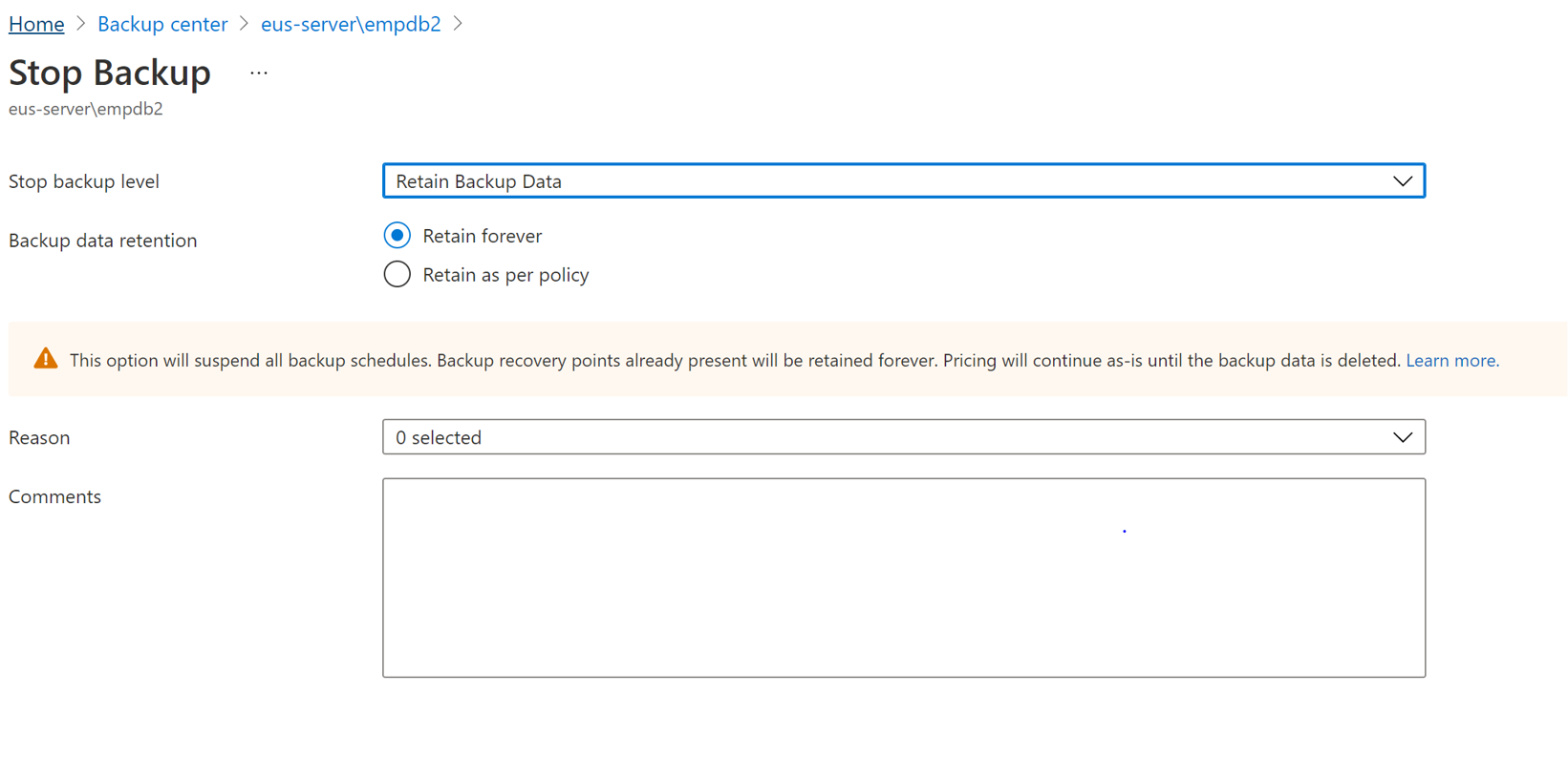 Screenshot that shows the options for data retention.