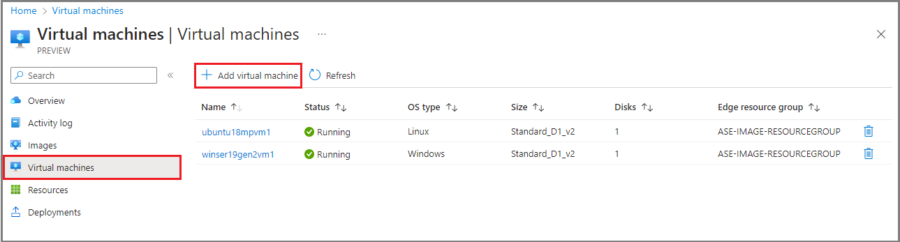 Screenshot showing the add VM option on the Virtual machines page of an Azure Stack Edge device in Azure portal.