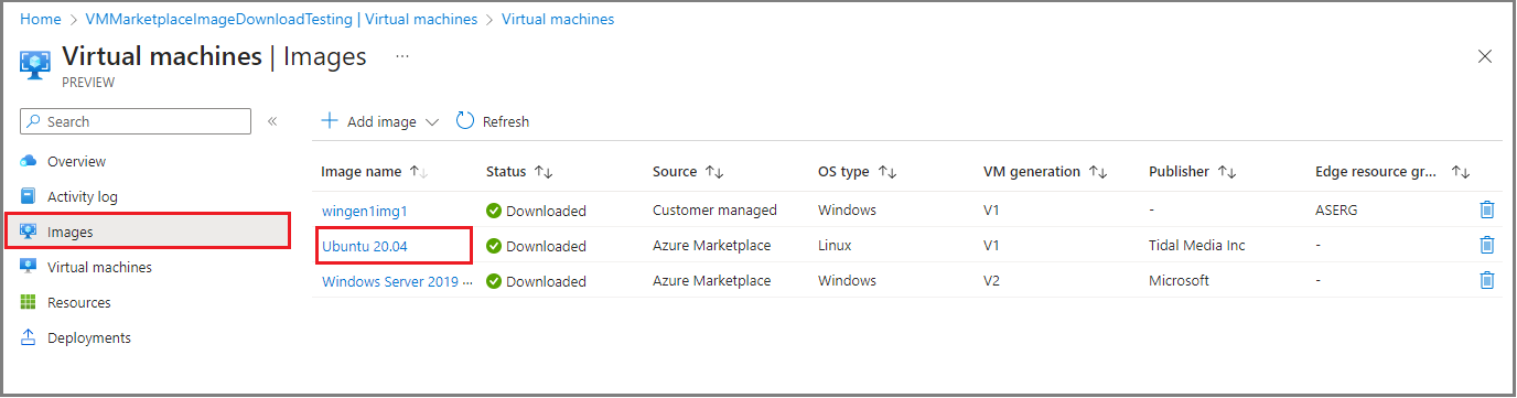 Screenshot showing a list view of VM image names on the Virtual machines page of an Azure Stack Edge device in Azure portal.
