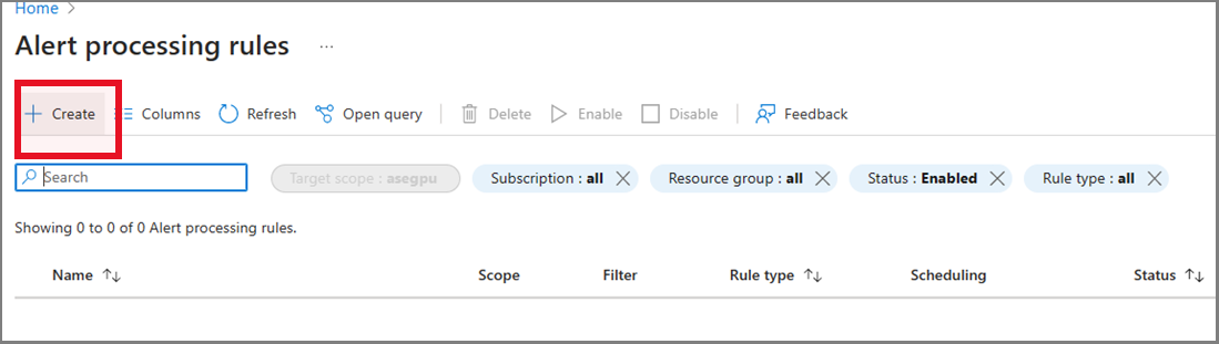 Screenshot showing the Alert processing rules page for an Azure Stack Edge resource. The Plus Create rules option is highlighted.