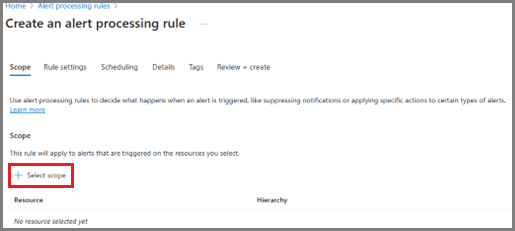 Screenshot showing the Scope menu in the Create an alert processing rule wizard for an Azure Stack Edge resource. The Plus Select scope option is highlighted.