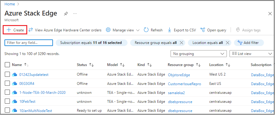 Screenshot of Azure Stack Edge page on Azure portal. The Create resource option is highlighted.