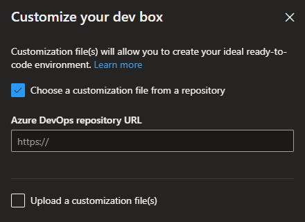 Screenshot of the Choose a customization file from a repository section in the developer portal, showing the option to enter a repository URL.