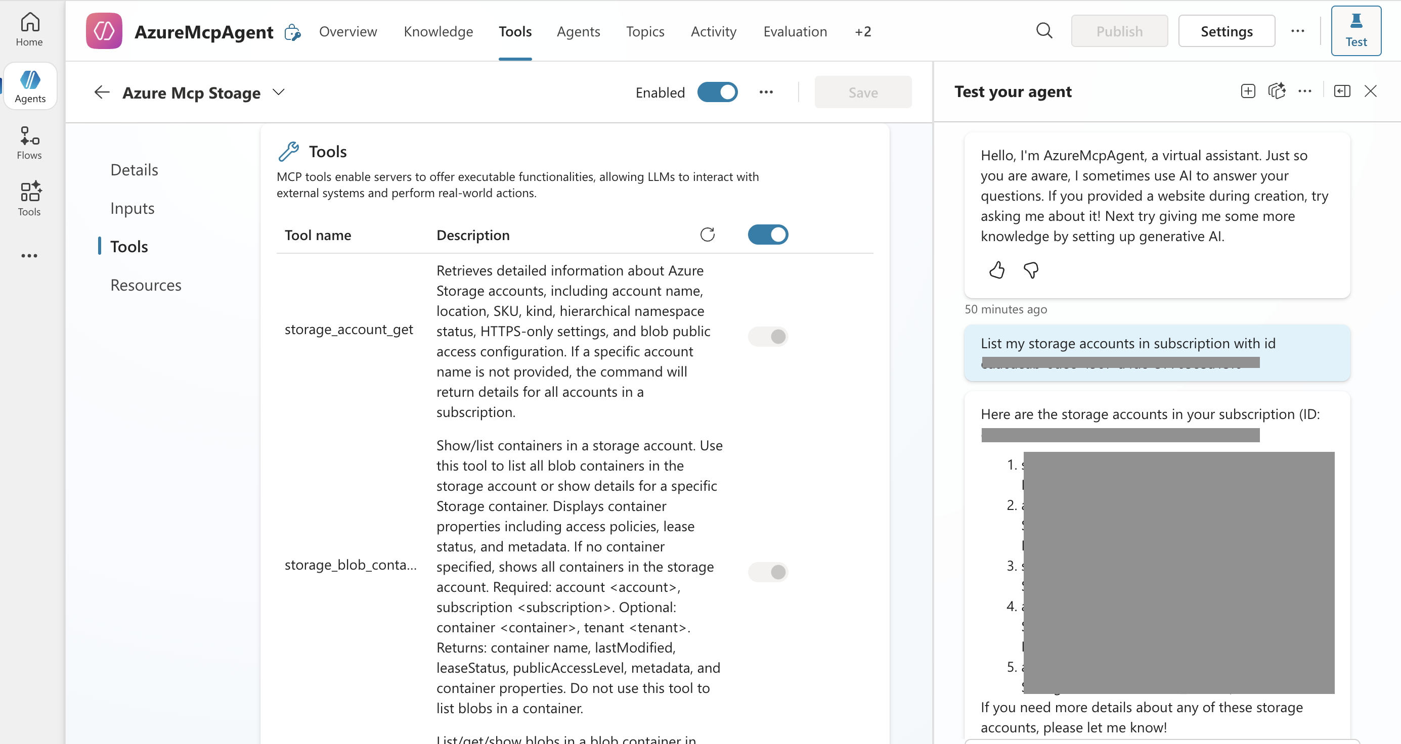 Screenshot of Copilot Studio test playground session where agent returns results after invoking a listed MCP tool.