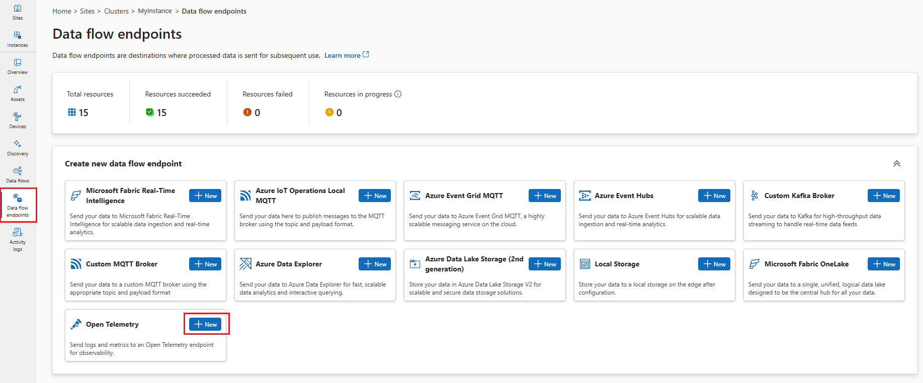Screenshot of the operations experience interface showing the option to create a new OpenTelemetry endpoint