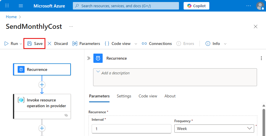 Screenshot shows the designer toolbar and the highlighted Save icon.