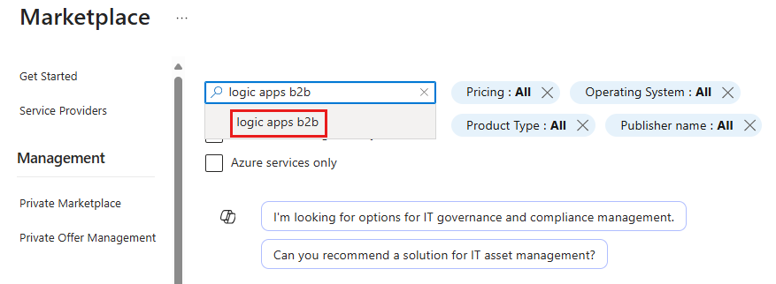 Screenshot shows the Marketplace where you can search for and select Logic Apps B2B.