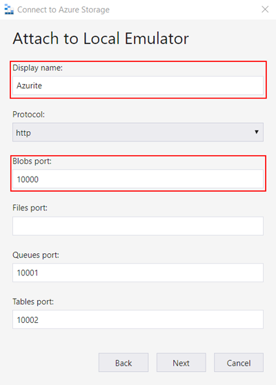 Screenshot of Azure Storage Explorer attaching to a local emulator.