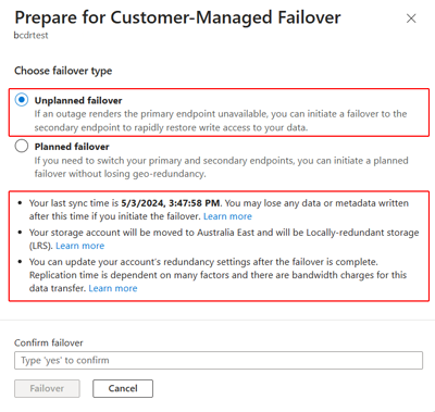 Screenshot showing the failover option selected on the Prepare for failover window.