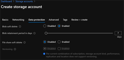A screen capture of the Data Protection settings within the Azure portal.