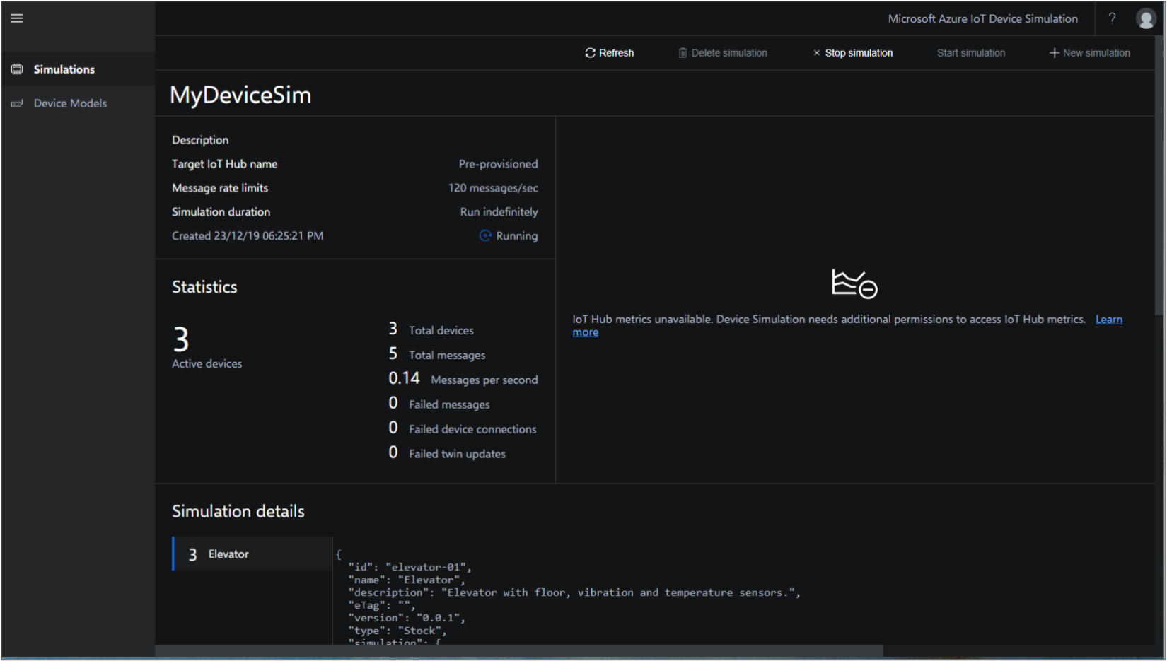 Azure IoT simulation dashboard.
