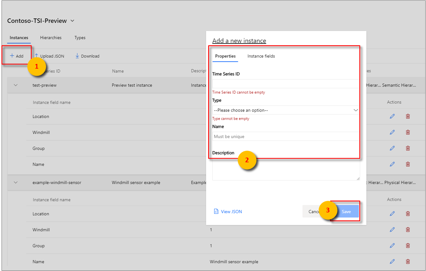 Add an instance by selecting the + Add button.
