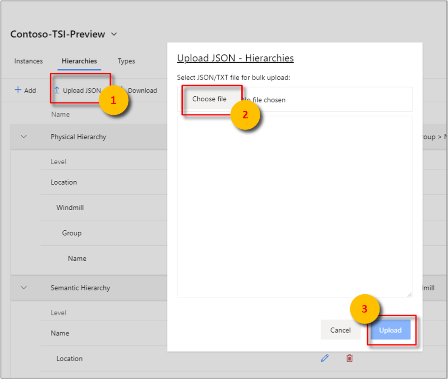 Selections for bulk upload of hierarchies.