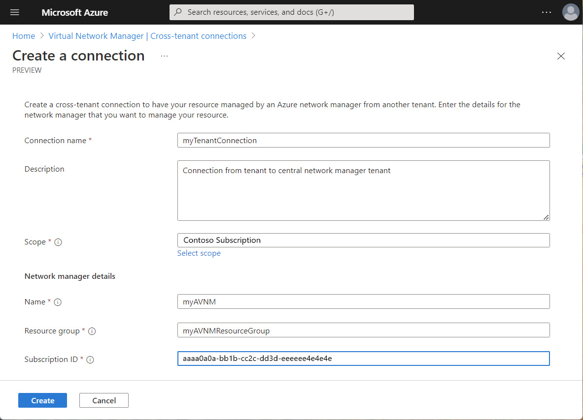 Screenshot of settings for creating a cross-tenant connection in Azure Virtual Network Manager.