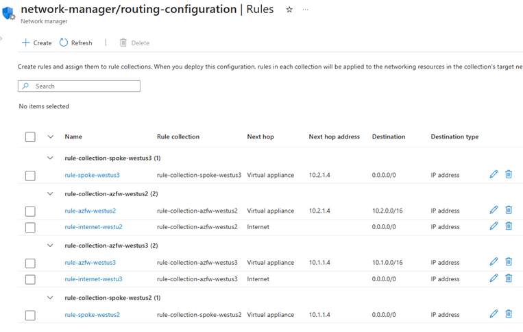 Screenshot of rules window listing all rules and rule collections in routing configuration.