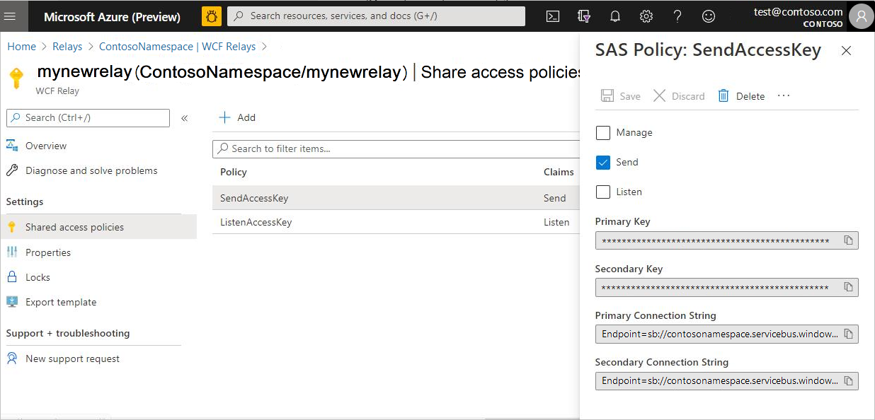 Screenshot of the Azure portal page that contains the send and listen access keys.