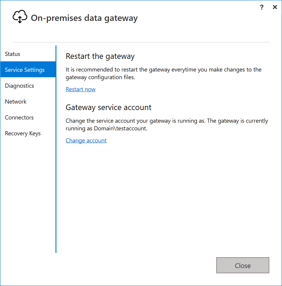 Screenshot of the on-premises data gateway app showing the new domain account.