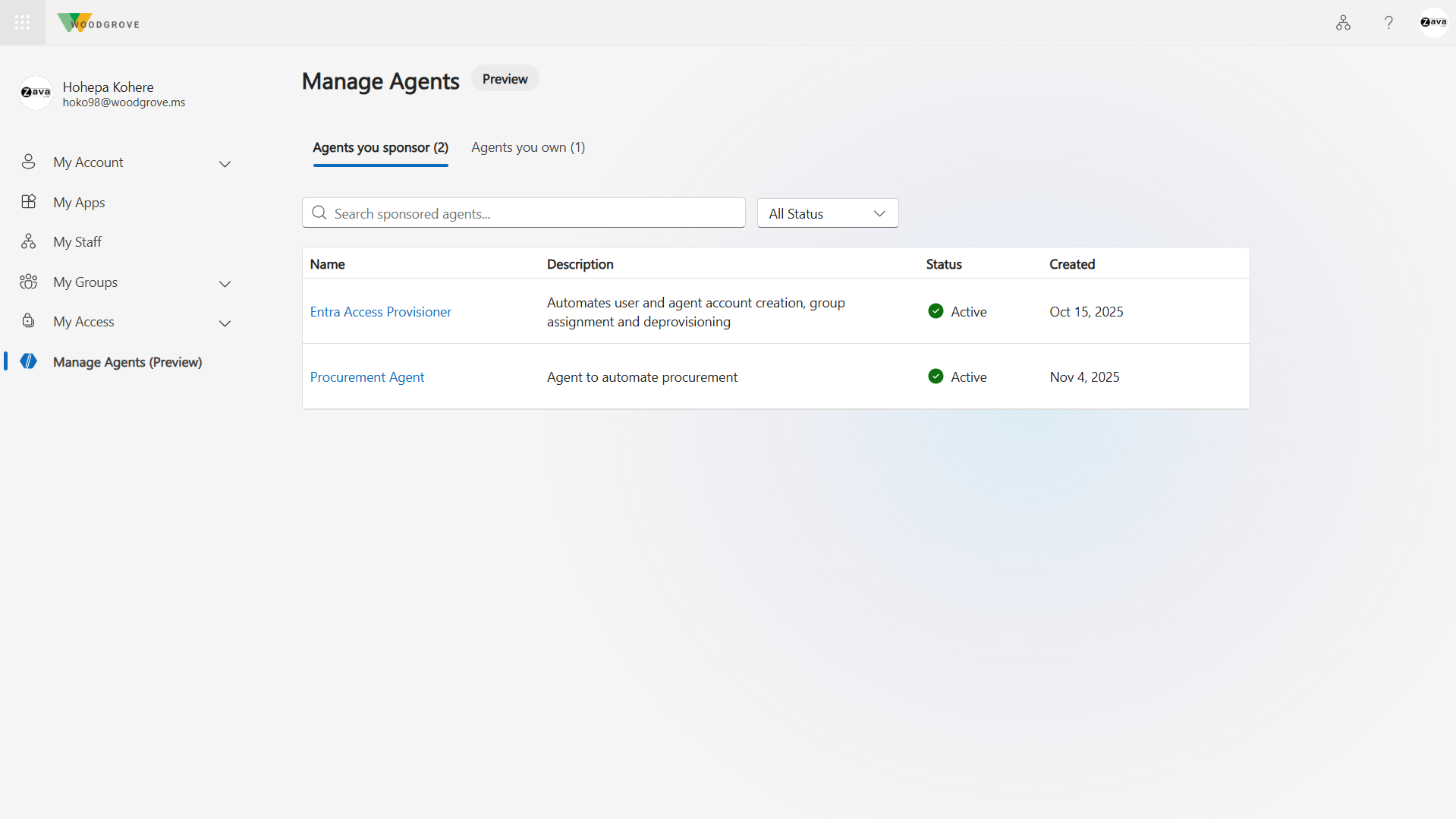 Screenshot of the managed agents page in the My Account portal.