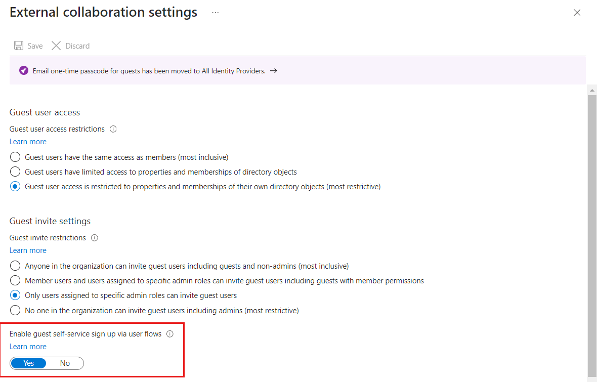 Screenshot of the enable guest self-service sign-up toggle.